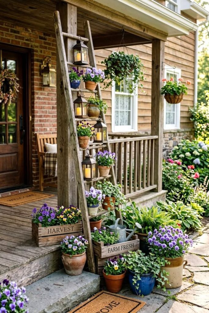 Vintage ladder stacked flower pot arrangement.
