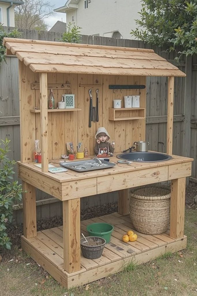 Wagon wheel rustic mud kitchen design