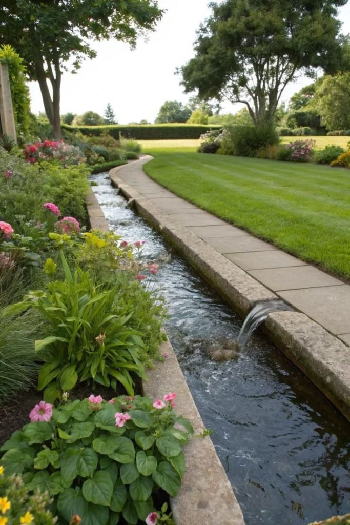 Linear water channel structured flowing garden design