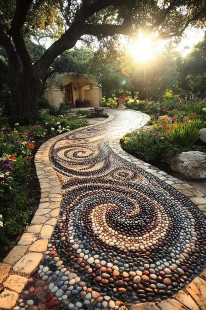 Pebble mosaic garden path design