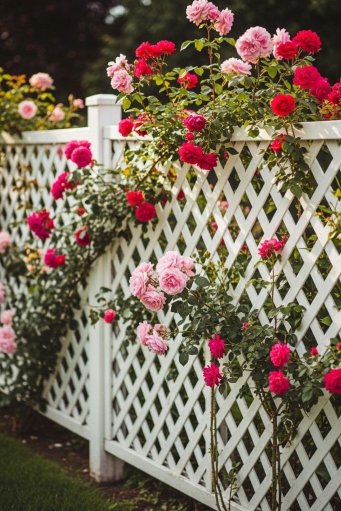 Wild climbing roses rustic fence romantic garden