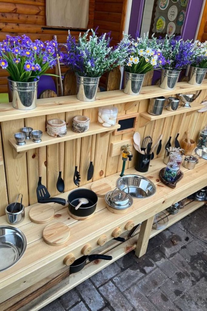 Wildflower themed colorful mud kitchen area
