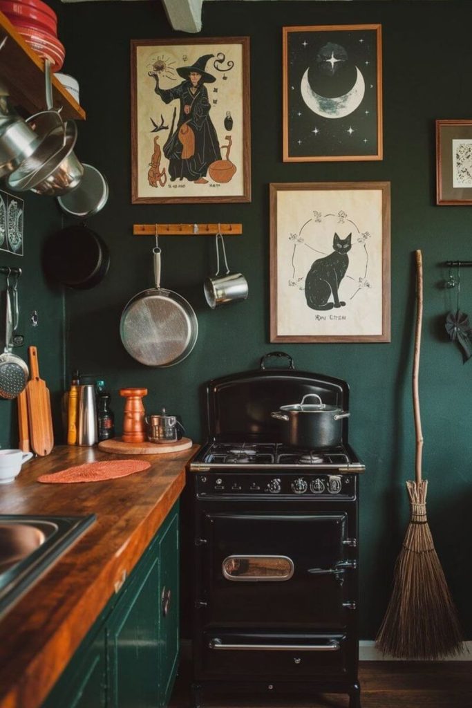 Witchy potion kitchen with dark mystical decor.