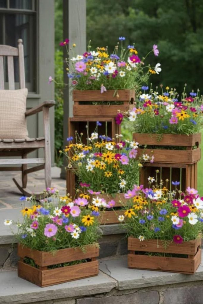 Stacked wooden crate flower pot display.