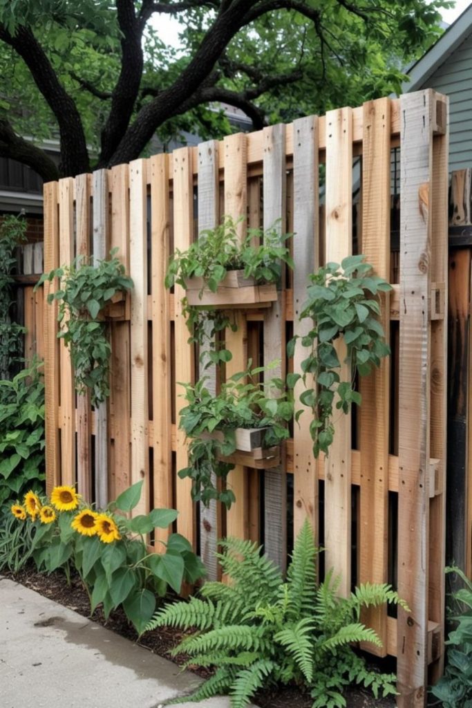 Stacked wooden crates rustic fence design