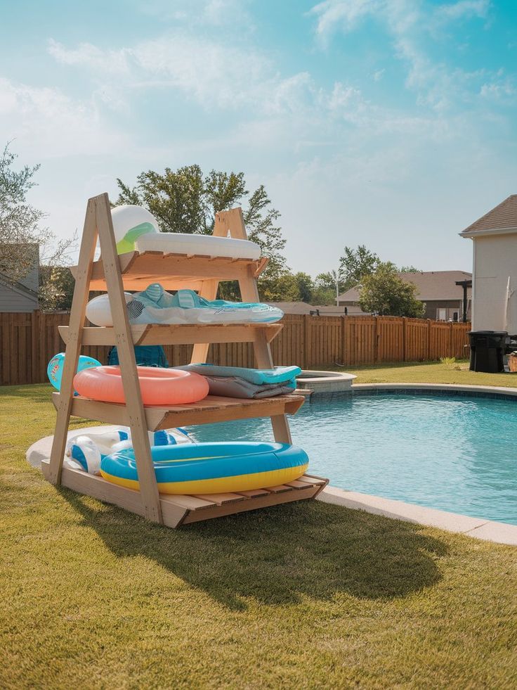 Wooden ladder displaying colorful pool floats