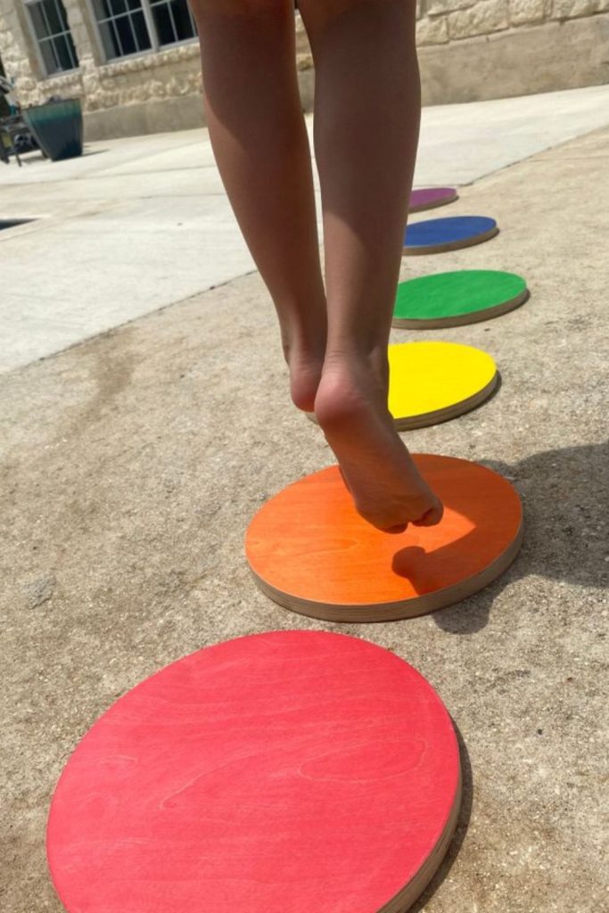 Wooden stepping stones balance learning backyard path