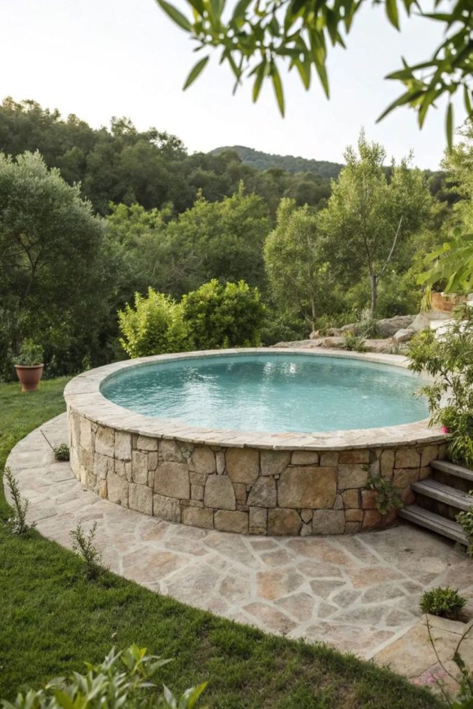 Zen stone pool, calm minimal peaceful garden retreat.