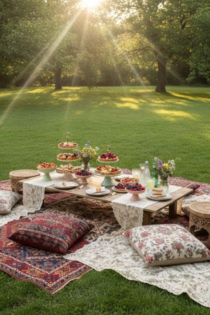 Fairy light orchard picnic gathering