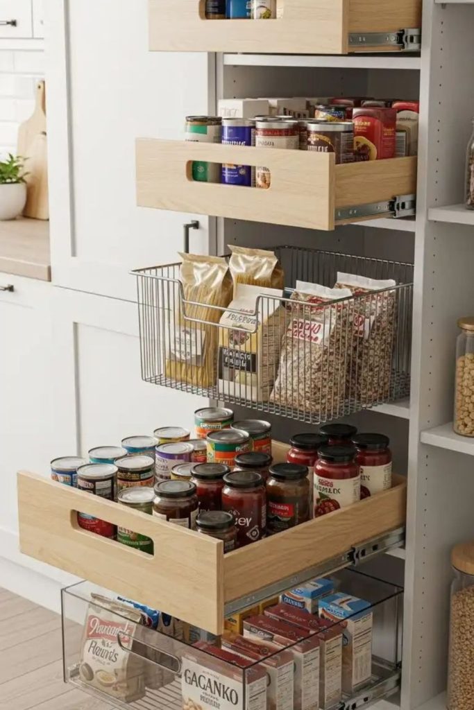 Adjustable pantry shelf storage design.