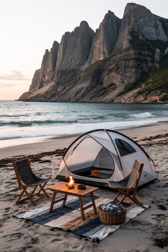 Alpine mountain ridge cloud camp scene