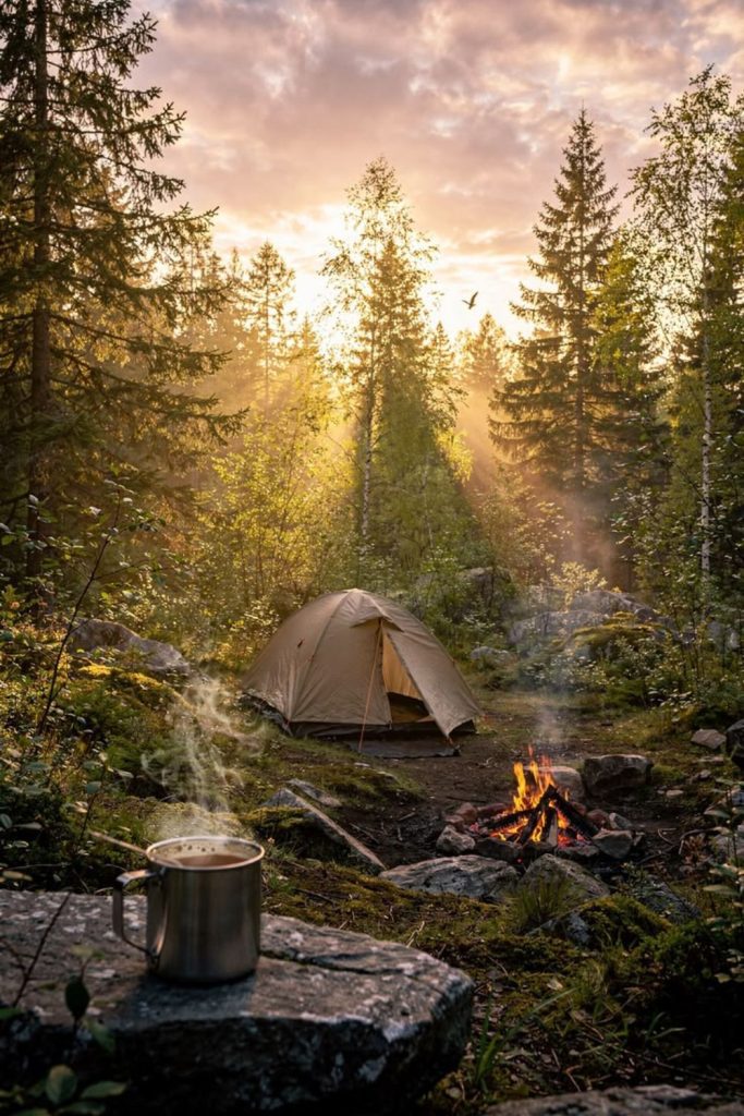 Alpine mist mountain campsite morning atmosphere