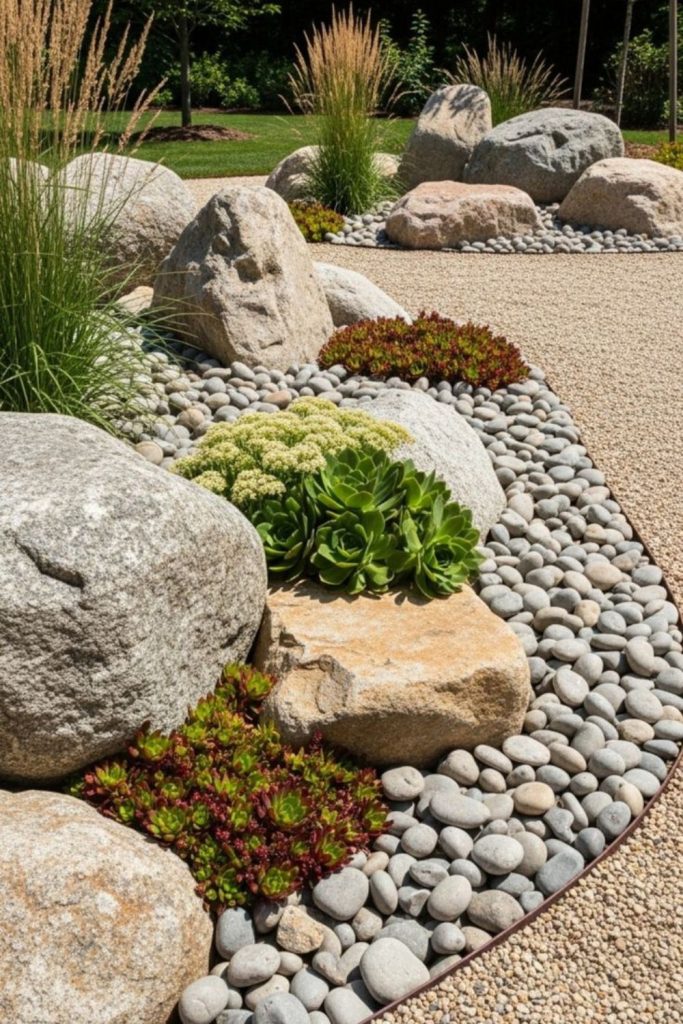 Soft river stones, calm alpine garden.