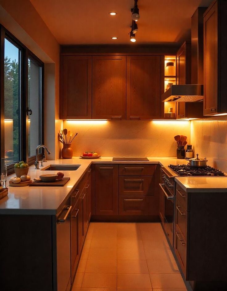 Warm amber cozy micro kitchen vibe