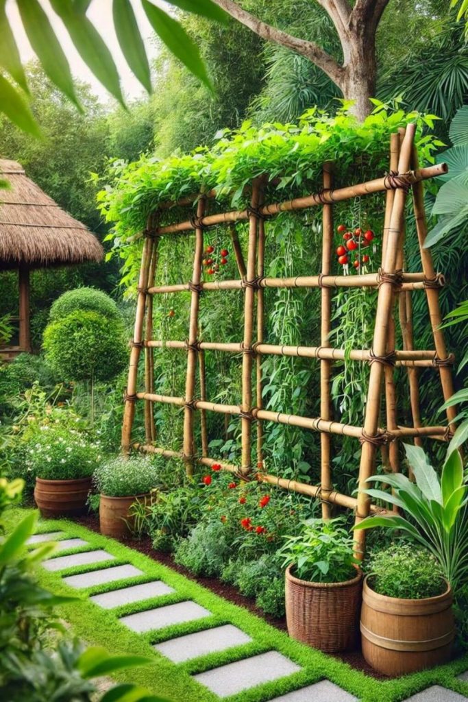 Bamboo pole trellis with vines