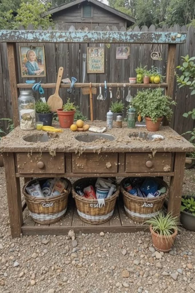 Barnyard bucket outdoor mud kitchen.