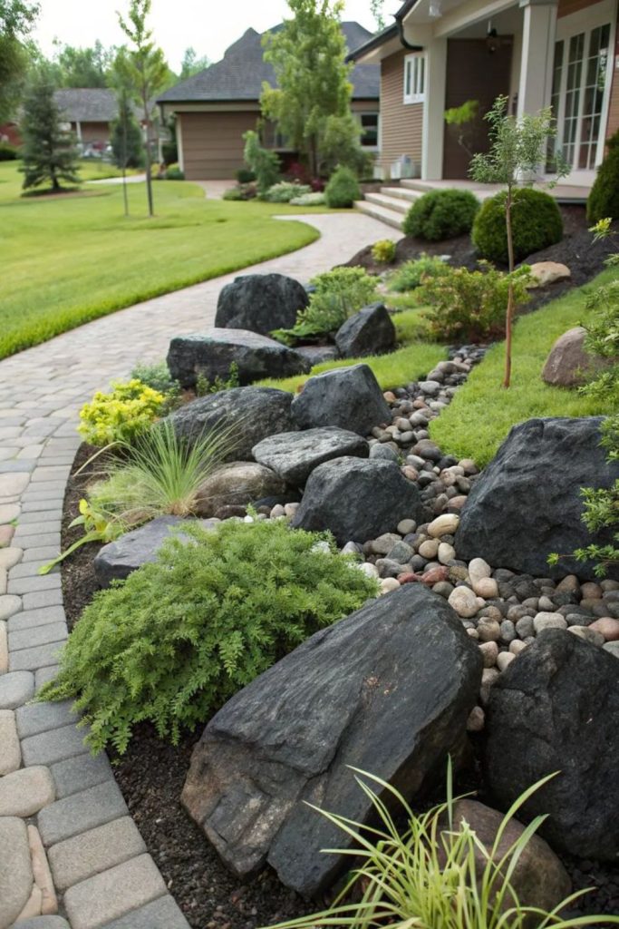 Dark basalt rocks, stormy garden field.