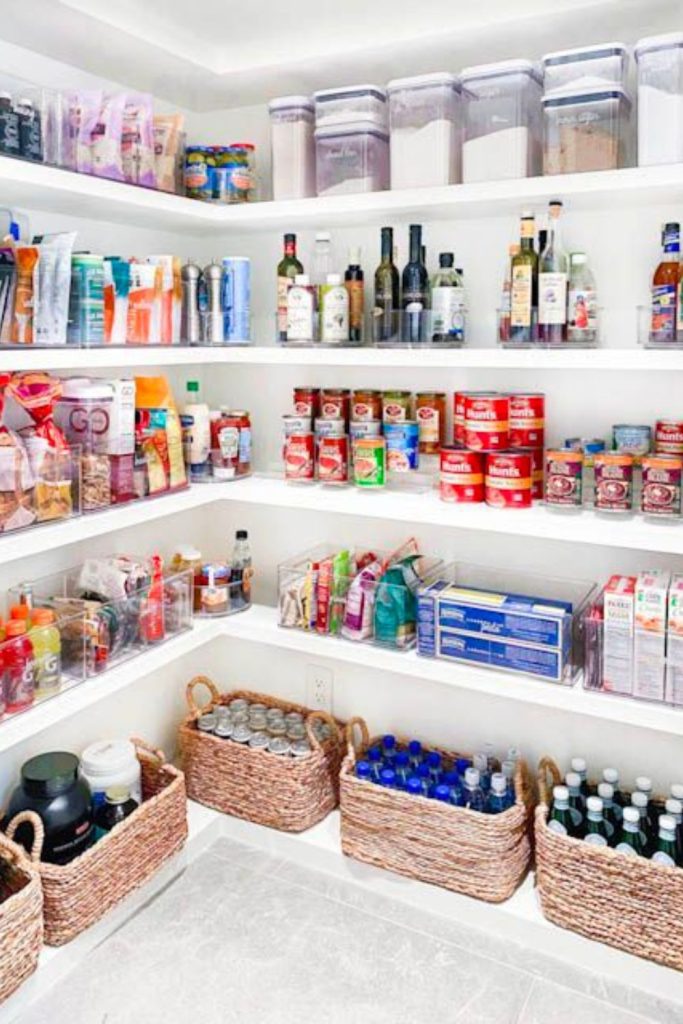 Beverage basket pantry organization setup.
