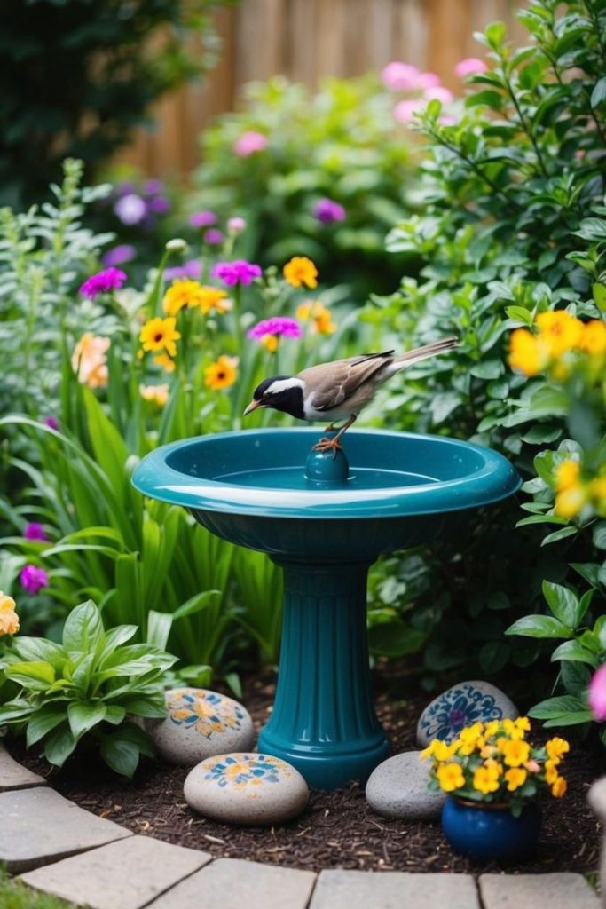 Stone-filled birdbath for thirsty bees.