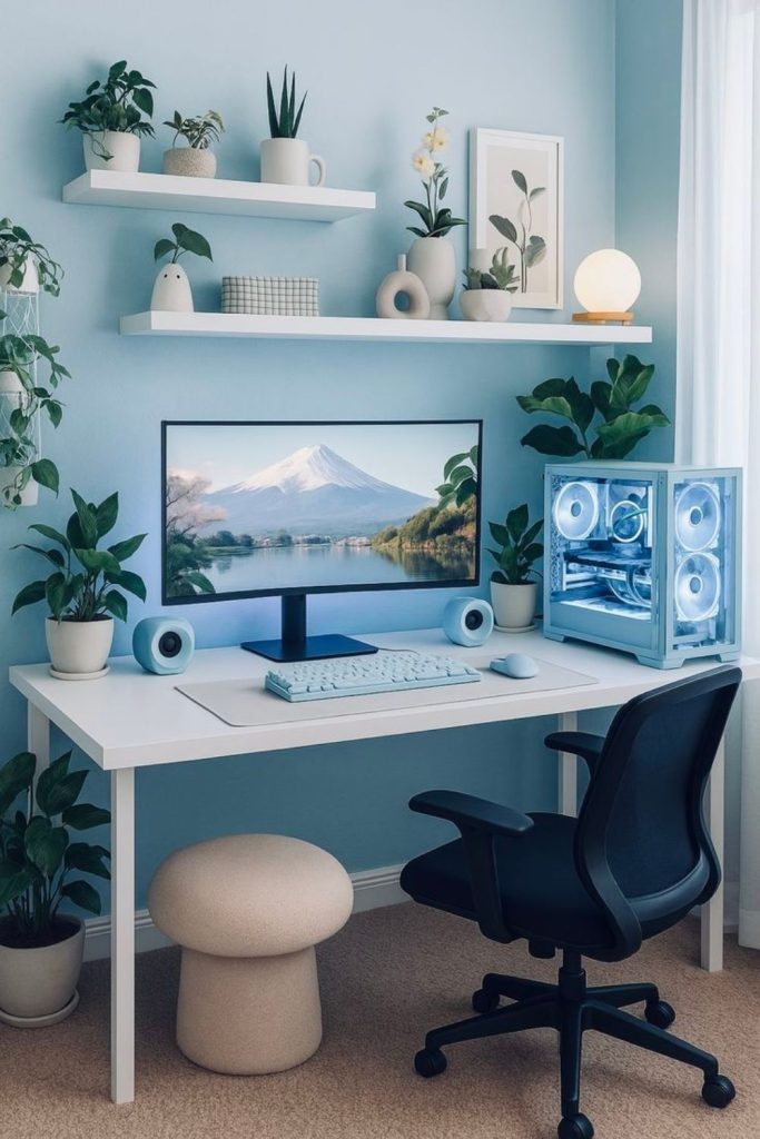 Blue focused productivity office desk setup.