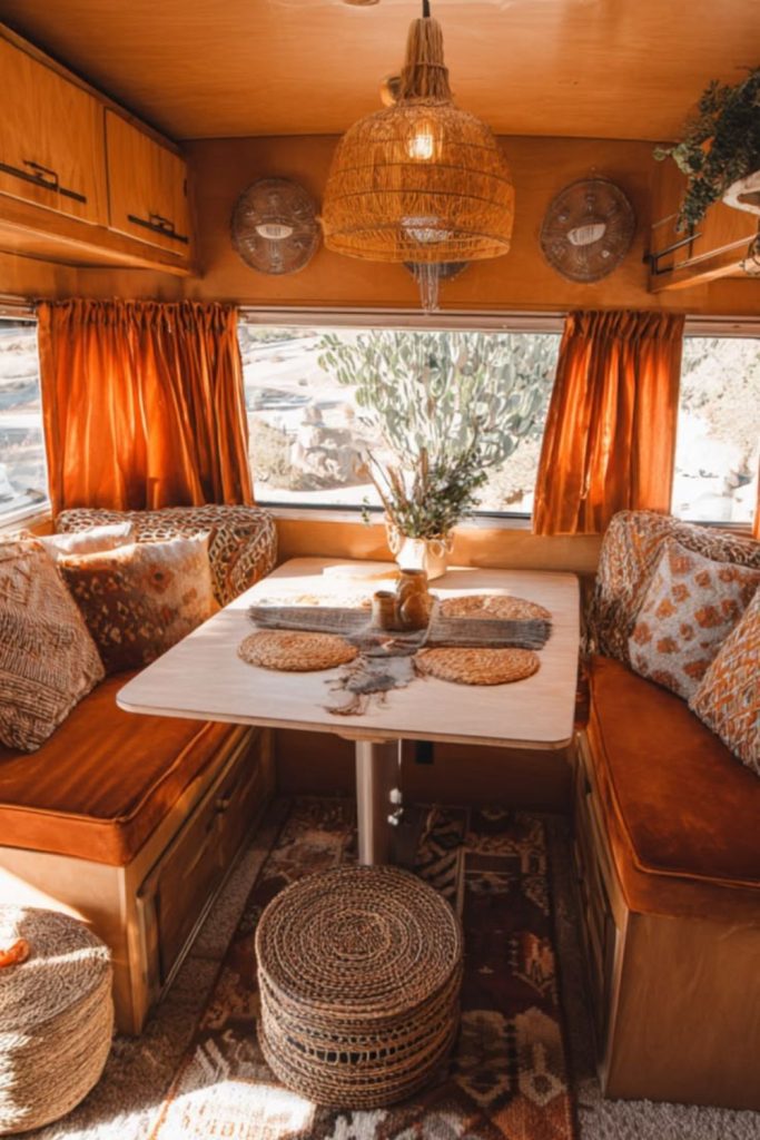 Boho cushions decorating RV seating.