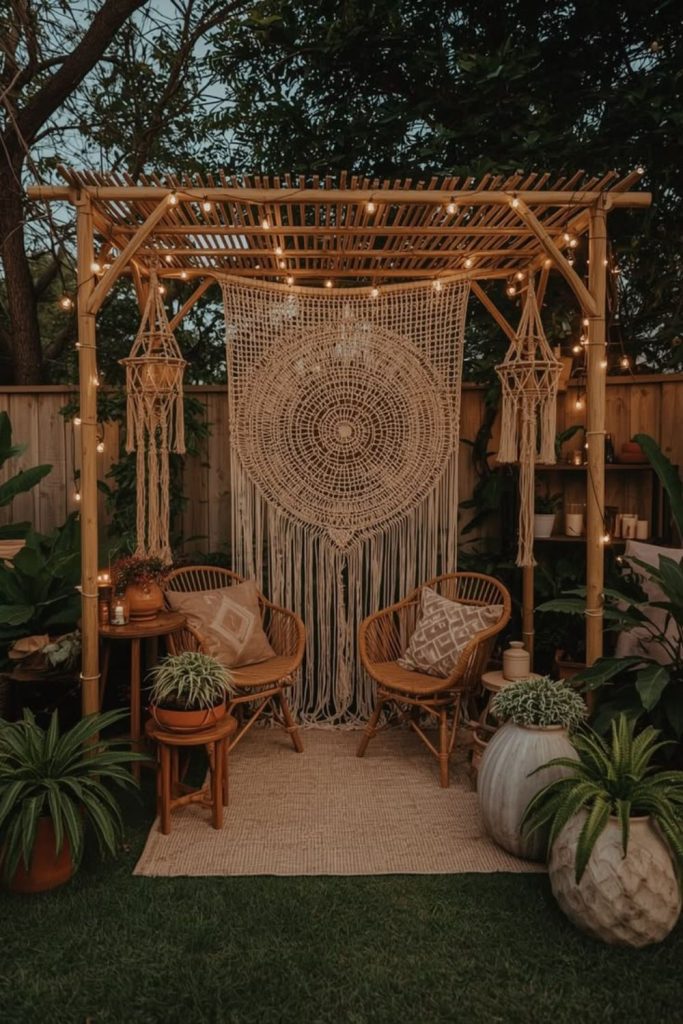 Boho pergola with tassel accents.
