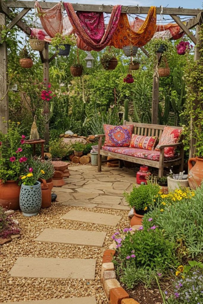 Boho gravel yard with décor.