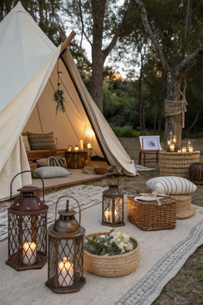 Boho forest campsite with macrame decor
