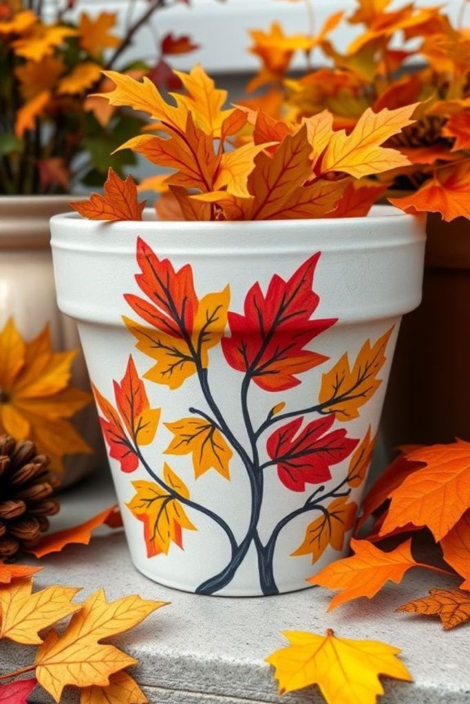 Autumn leaf ember painted plant pot