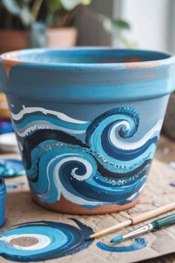 Azure ocean wave splash ceramic pot