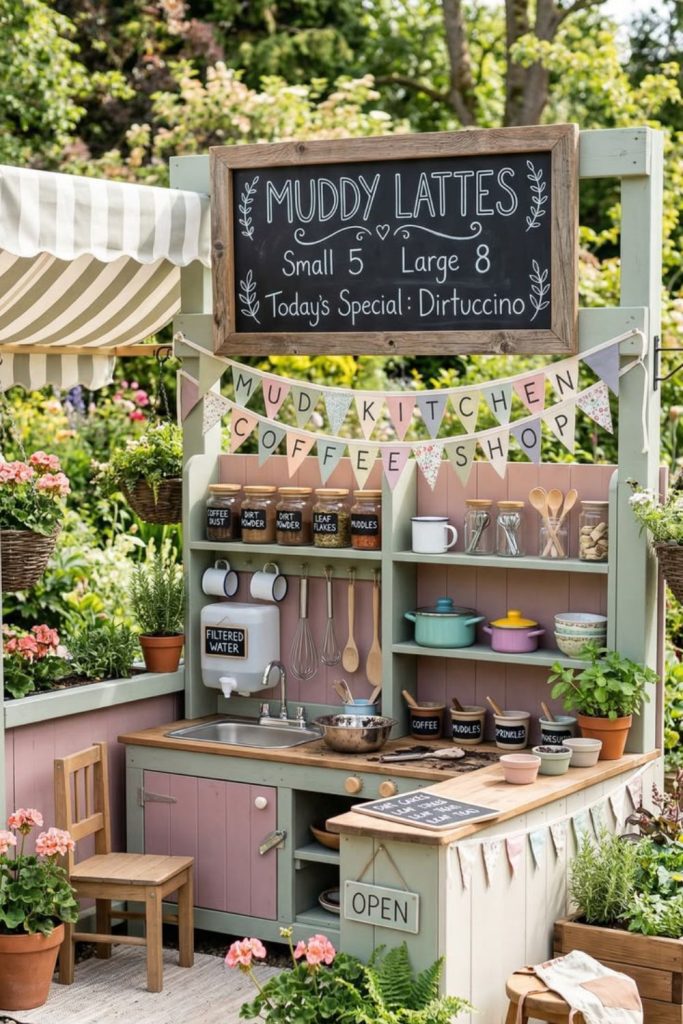 Rustic backyard mud bakery play kitchen.