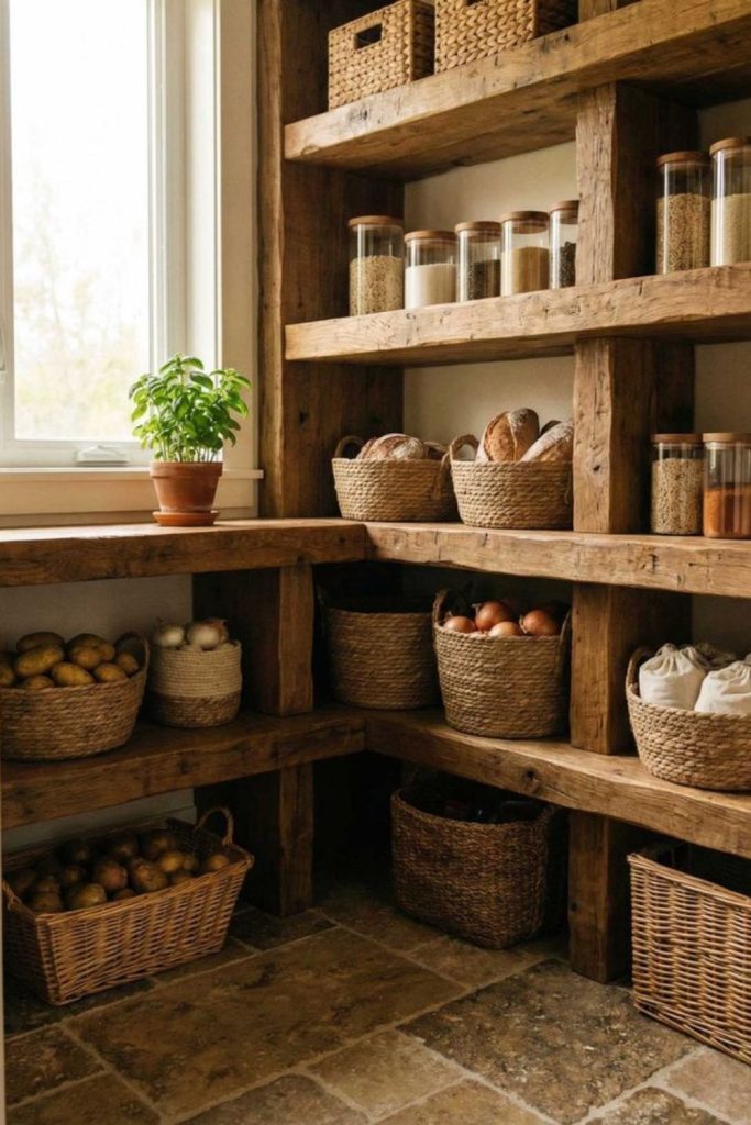 Wicker basket pantry organization setup