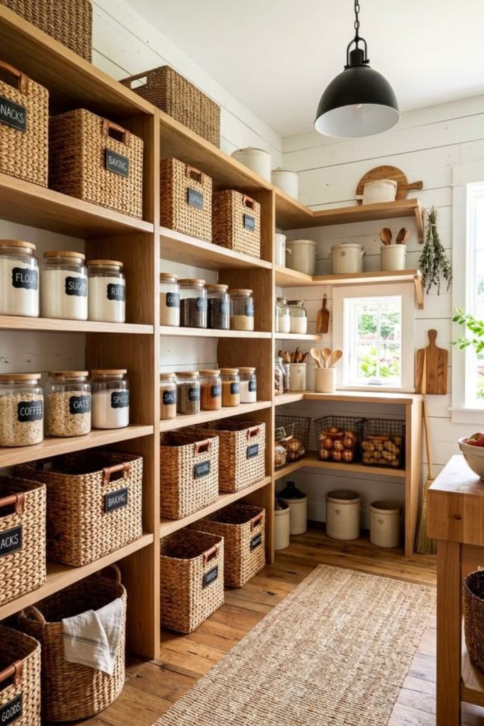 Rustic woven pantry storage baskets.