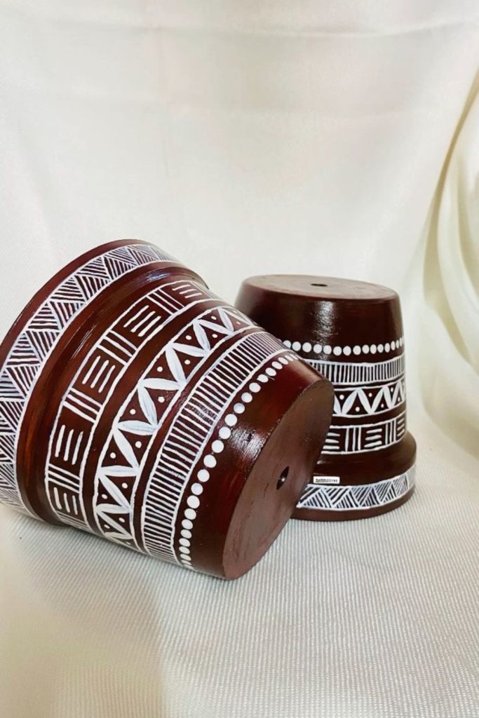 Rustic tribal line terracotta plant pot