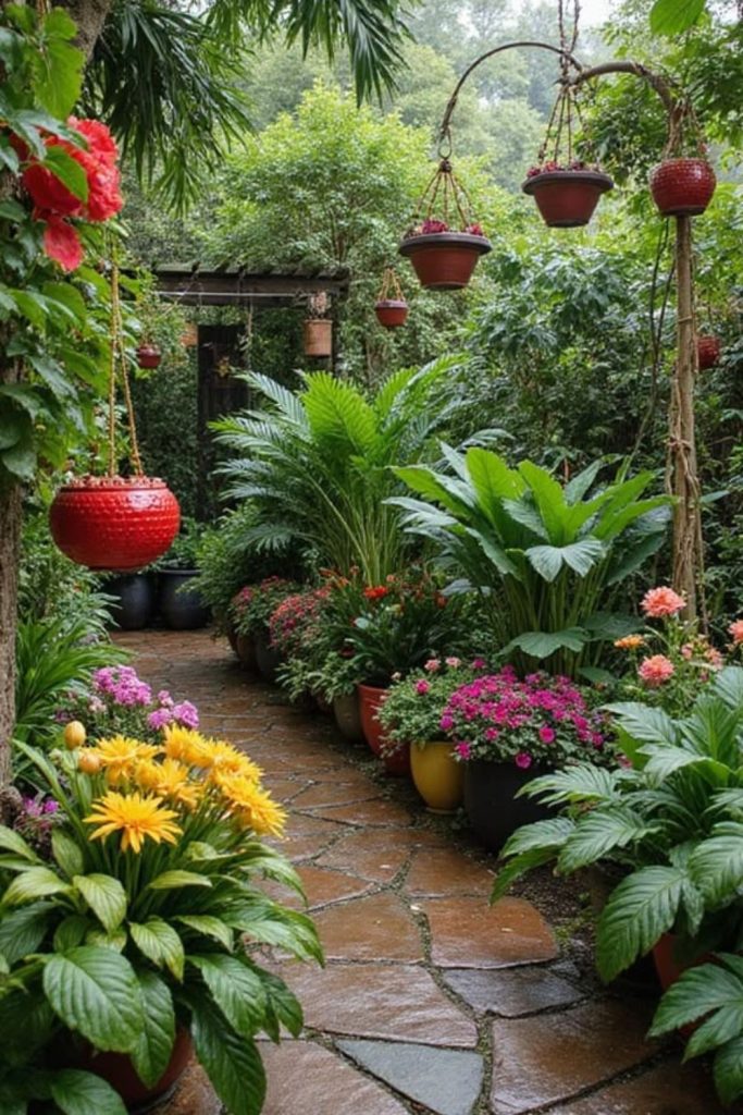 Tropical yard with vibrant plants.