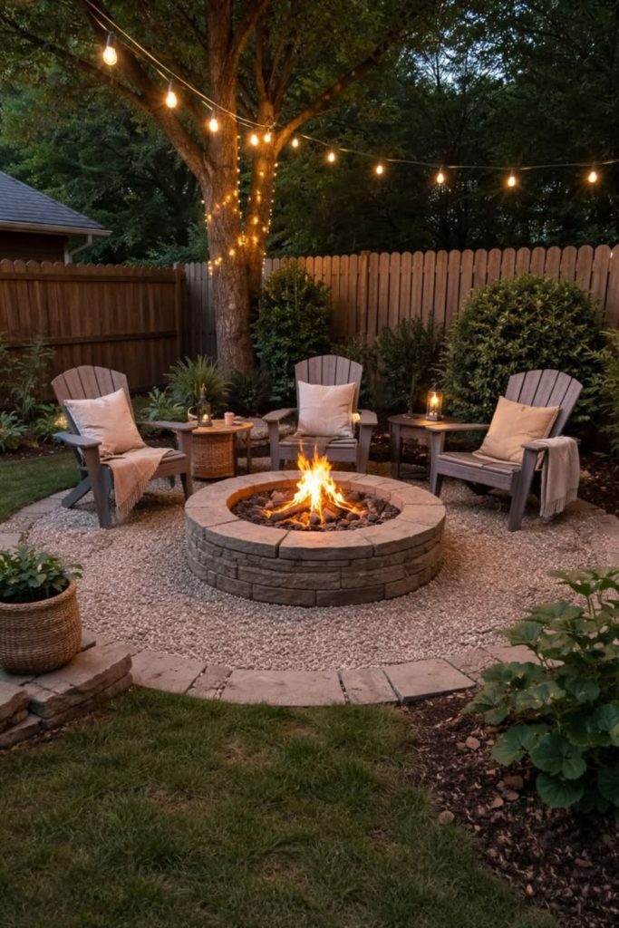 Pebble pathway with rustic garden seating.