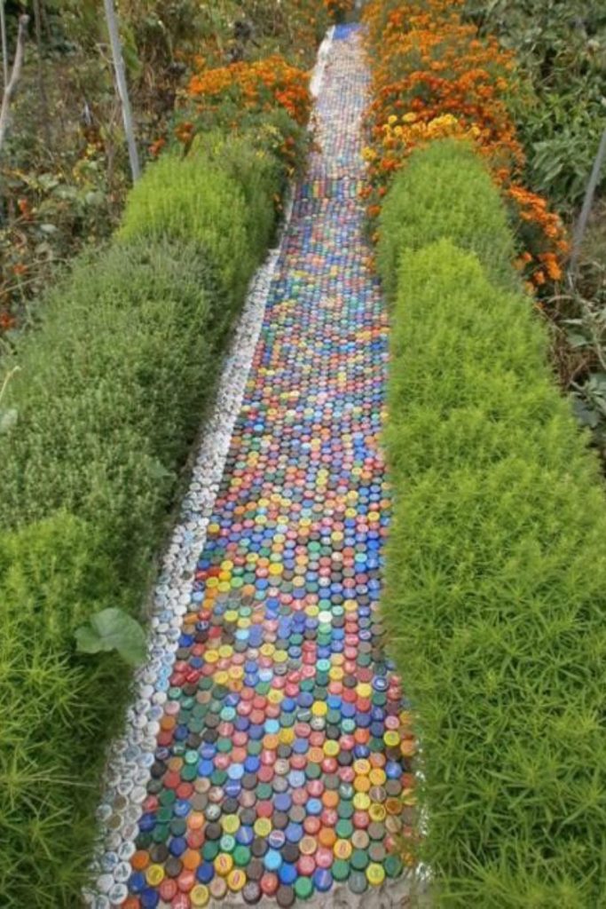 Bottle cap colorful garden edging design