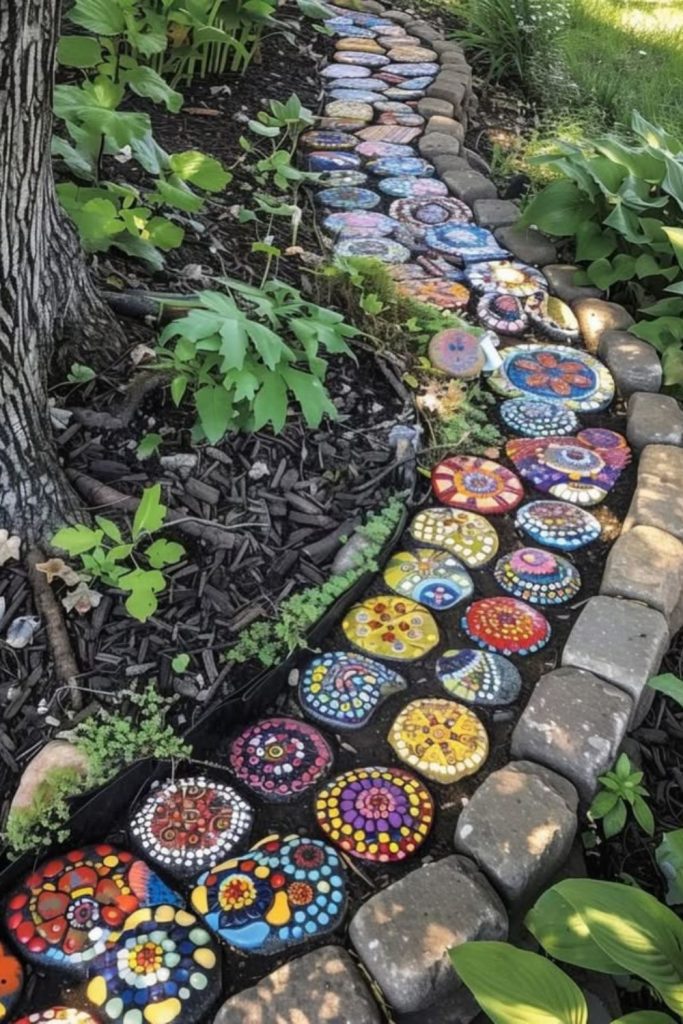 Bottle cap mosaic garden walkway design