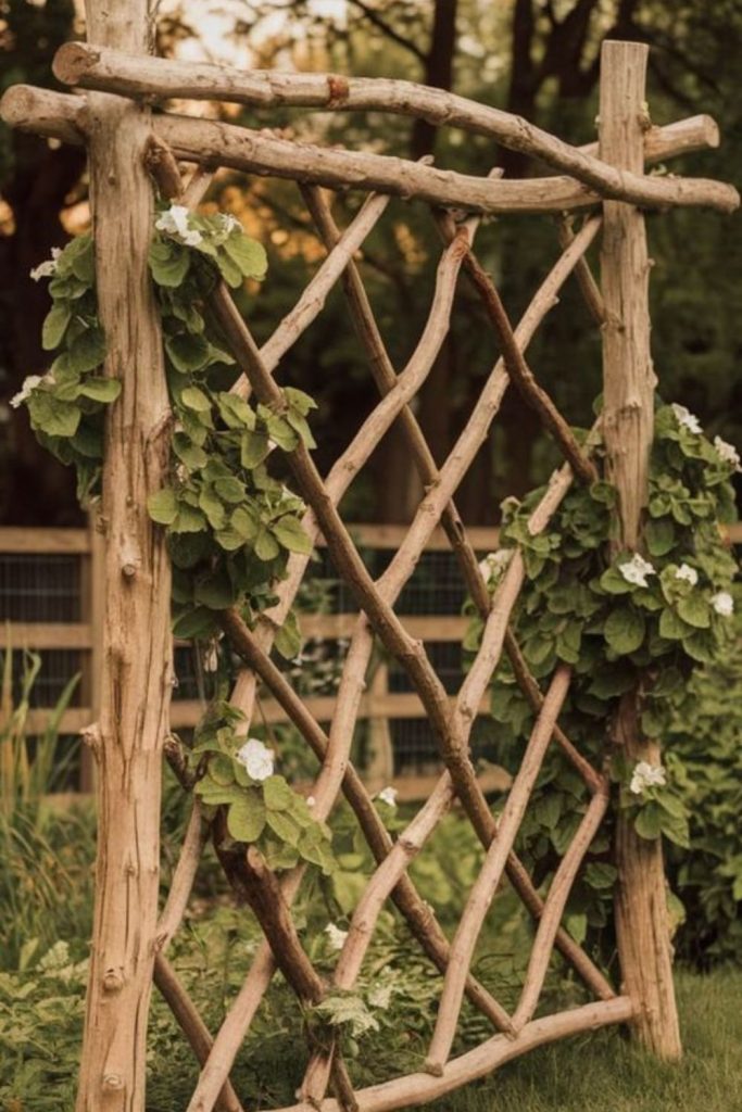 Natural branch woven garden trellis