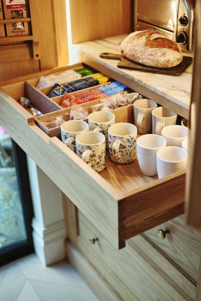 Breakfast drink pantry shelf setup.