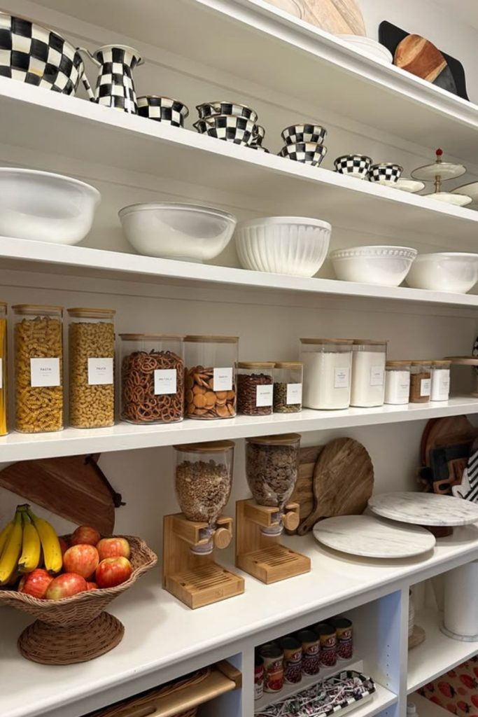 Organized breakfast pantry station setup.