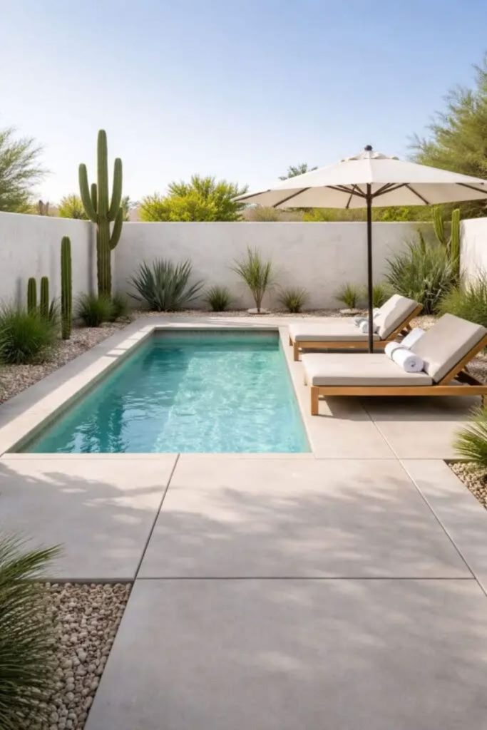 Poolside concrete patio with loungers.