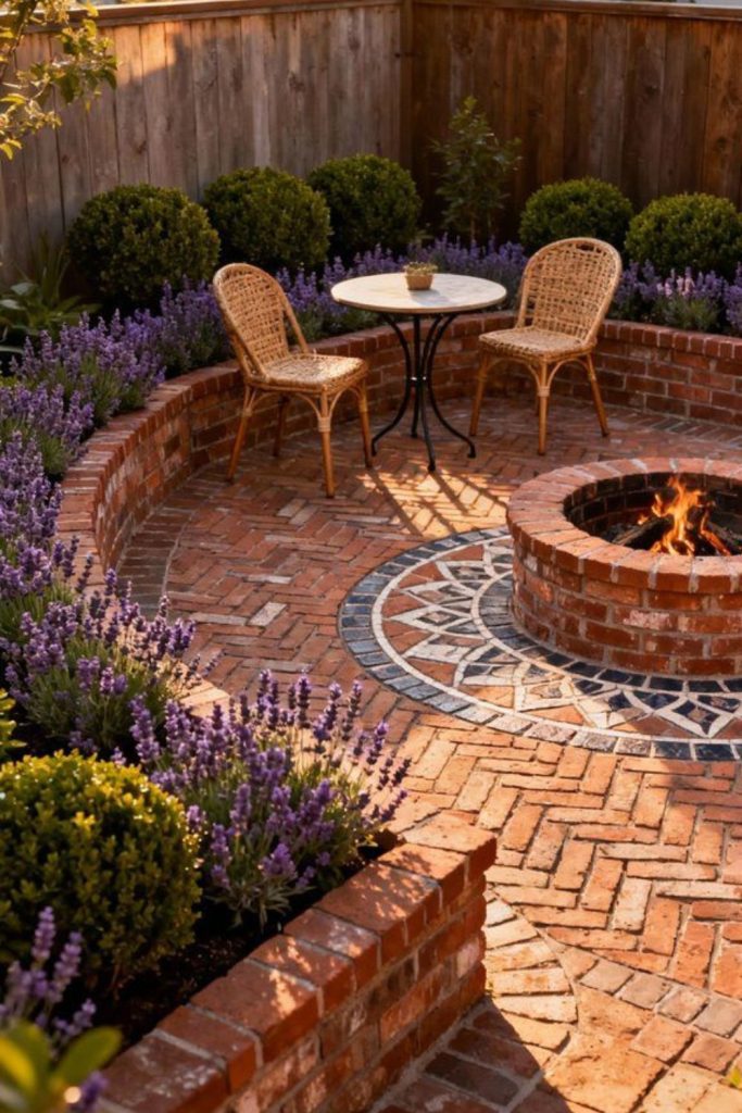Brick-edged concrete patio with chairs.