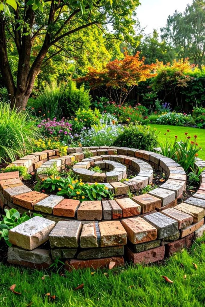 Spiral brick corner garden feature design