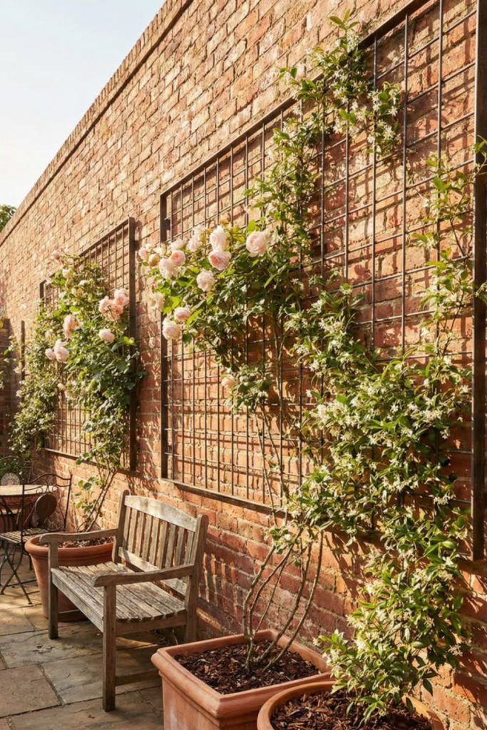Brick and string garden trellis
