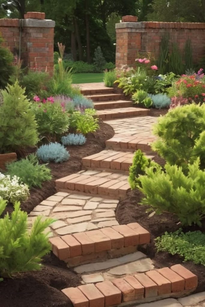Rustic brick front yard pathway