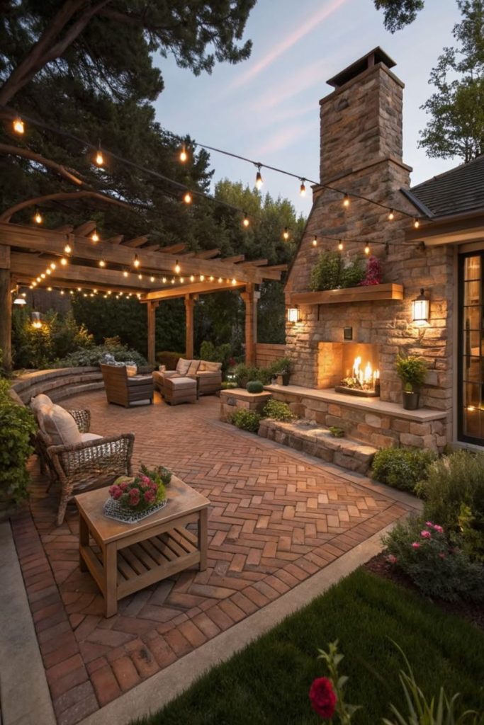 Brick pergola patio with firepit.