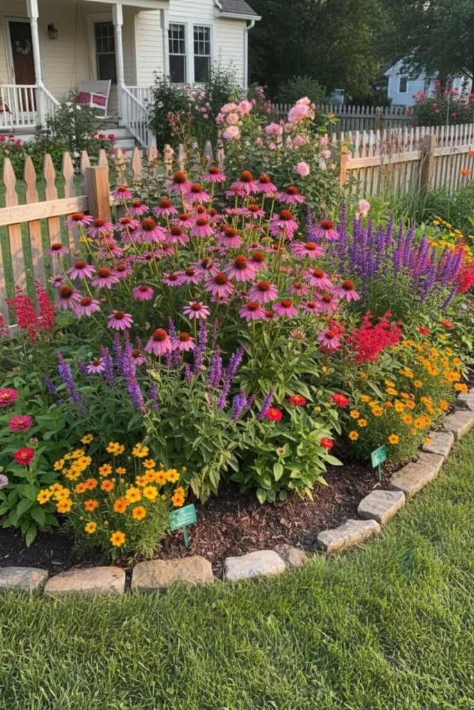 Bright flowers in yard corners