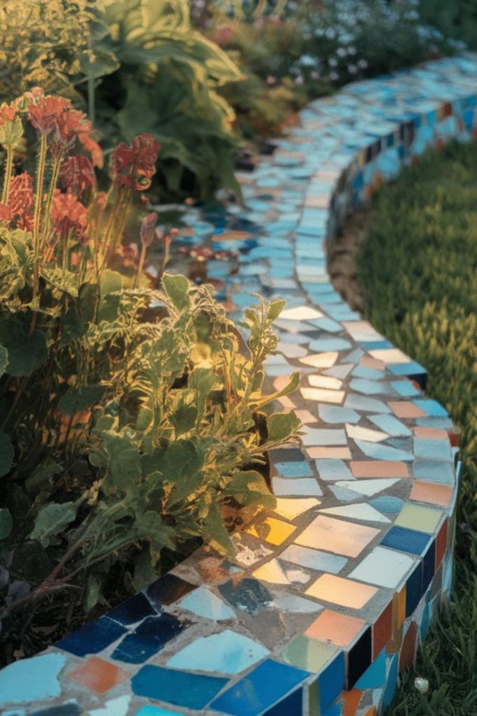 Broken brick mosaic rustic garden edging