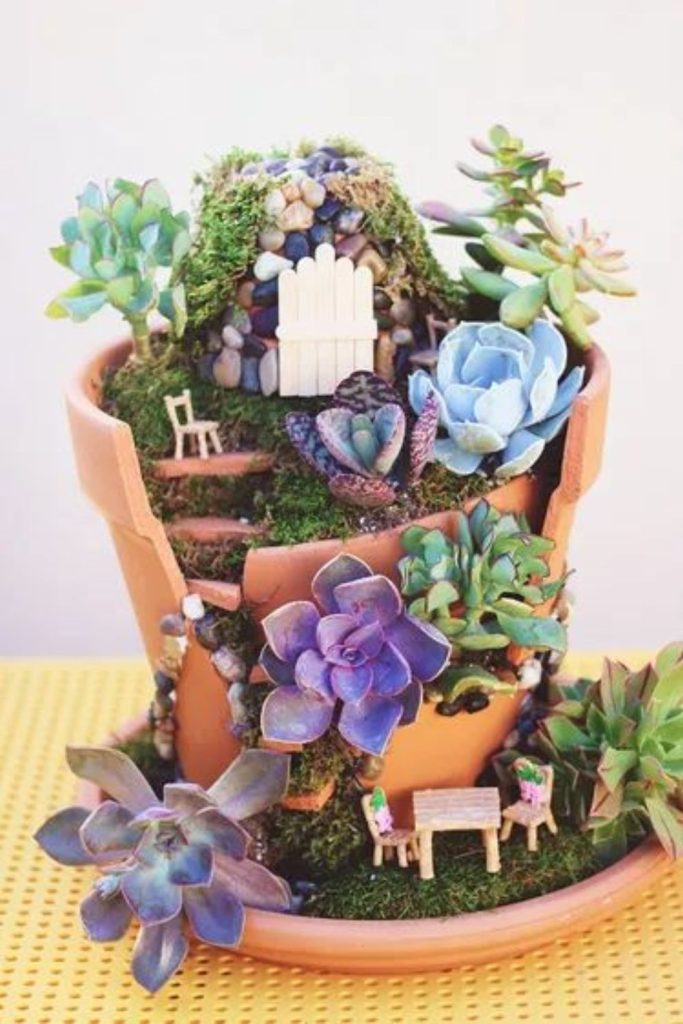 Broken pot fairy miniature garden scene